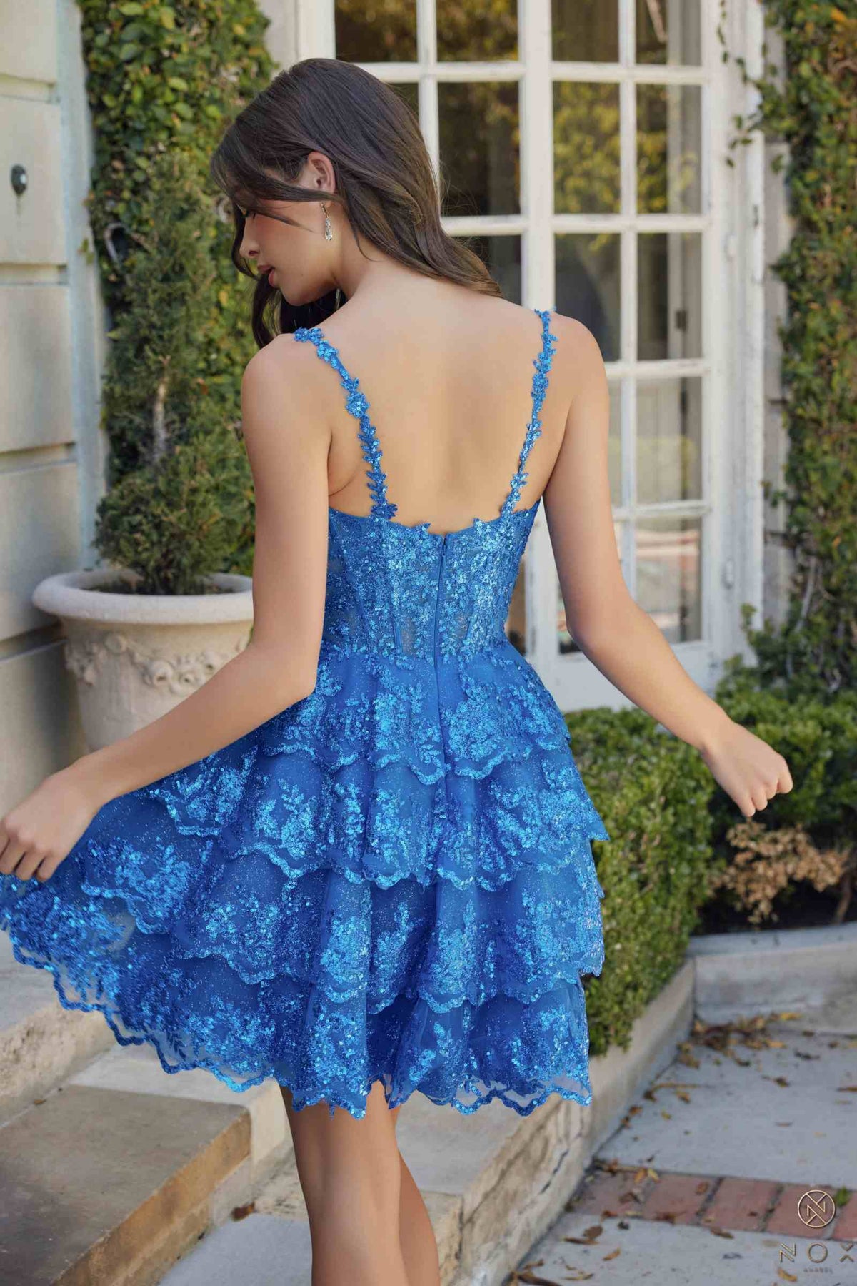 Nox Anabel E914 Short Applique Tiered A-Line Dress by DiscountDressShop