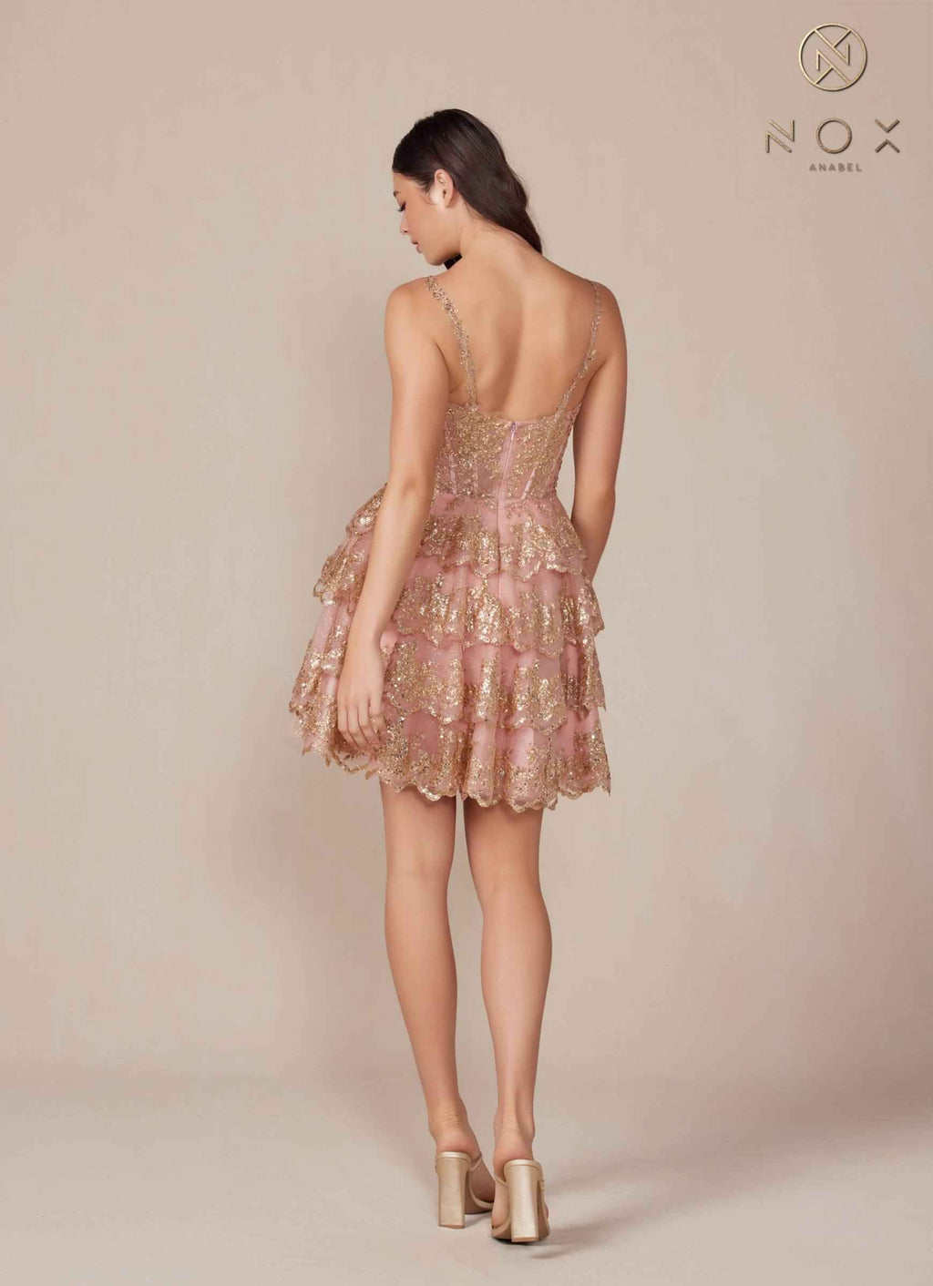 Nox Anabel E914 Short Applique Tiered A-Line Dress by DiscountDressShop