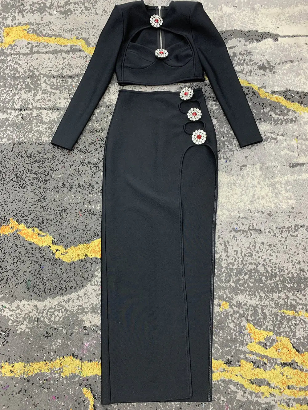 Hollow Diamond Long Sleeve Dress with Side Slit by Trendy Attic Store01