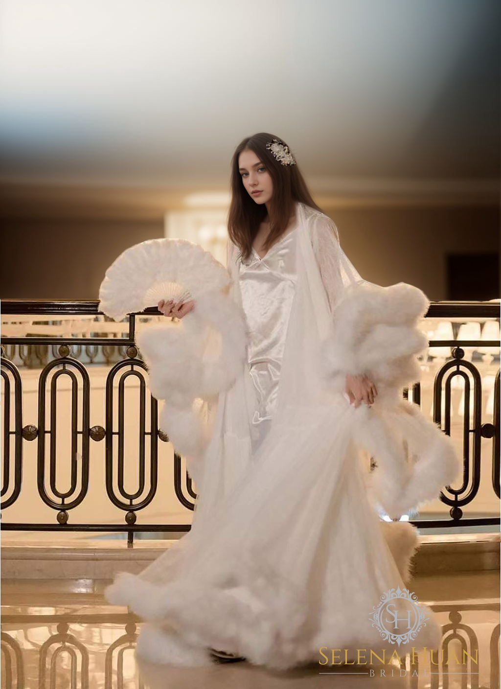 Luxury thick turkey feather fringe long bridal robe set with night gown by SelenaHuanStudio