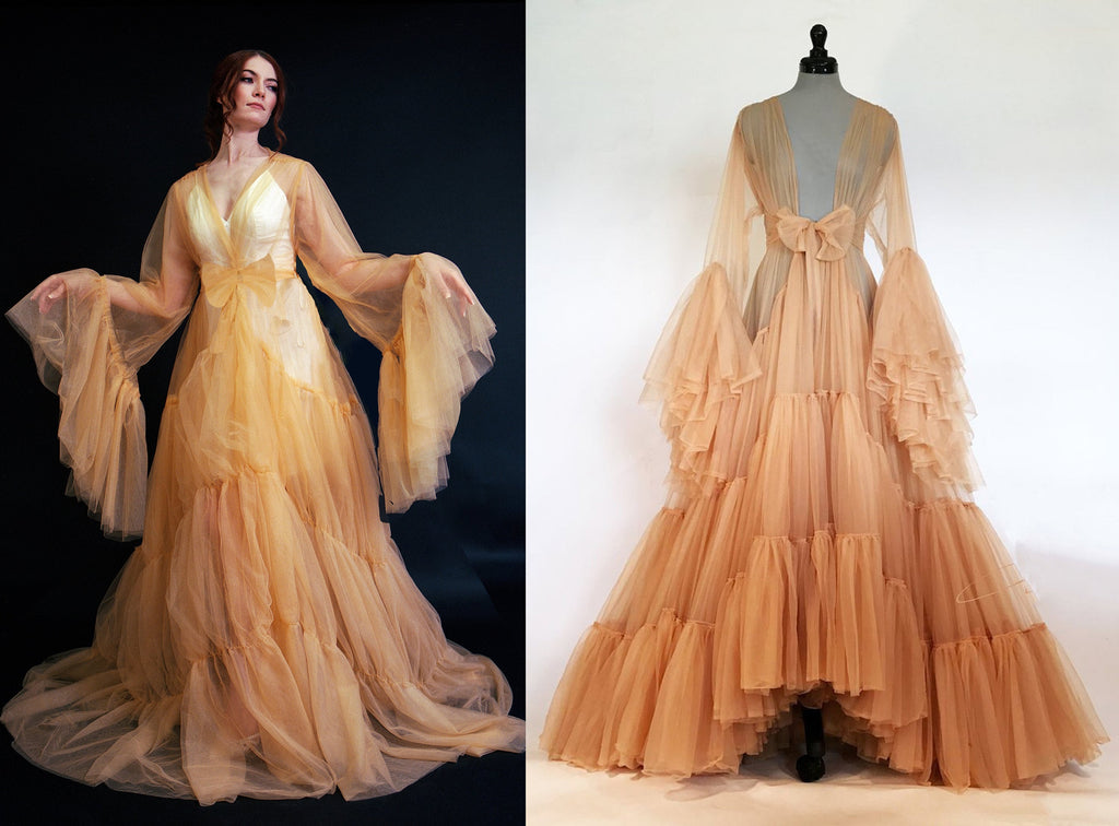 Tulle Ruffled Sleeves Layered Fringe Long Robe Dress by SelenaHuanStudio