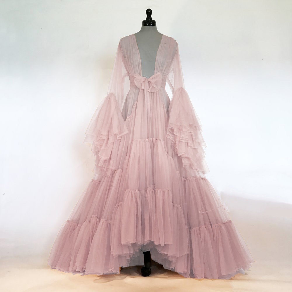 Tulle Ruffled Sleeves Layered Fringe Long Robe Dress by SelenaHuanStudio