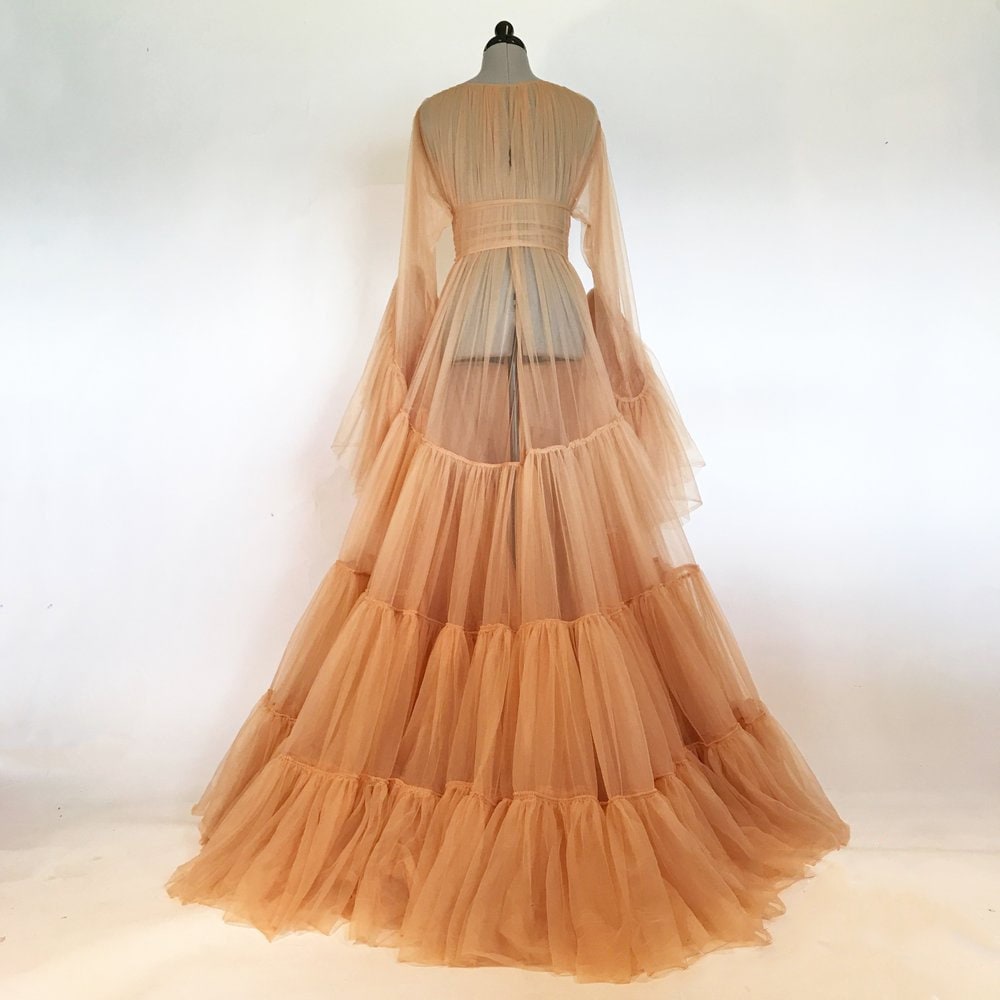 Tulle Ruffled Sleeves Layered Fringe Long Robe Dress by SelenaHuanStudio