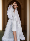 Full Goose Feather sequin mesh long robe dress white ivory by SelenaHuanStudio
