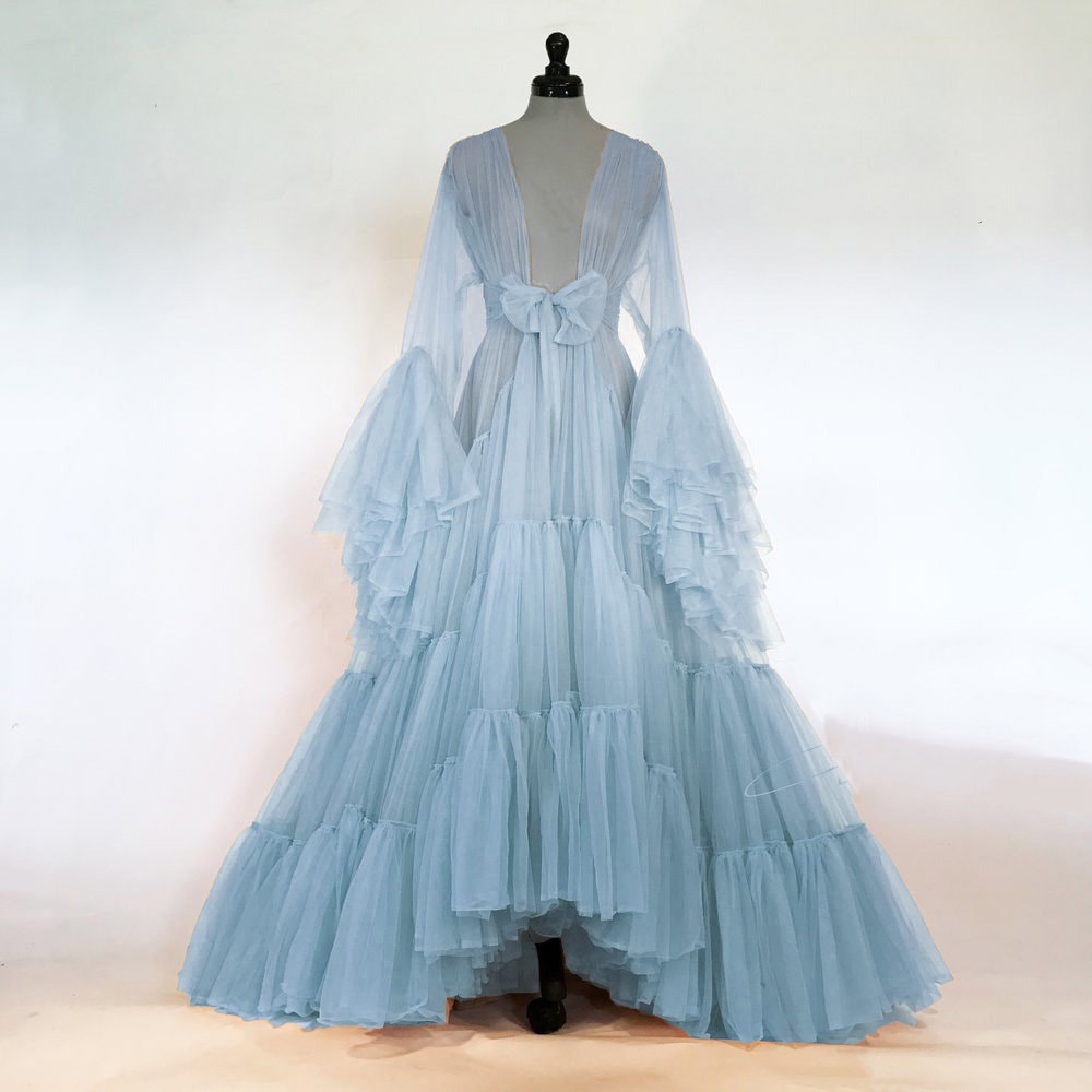 Tulle Ruffled Sleeves Layered Fringe Long Robe Dress by SelenaHuanStudio