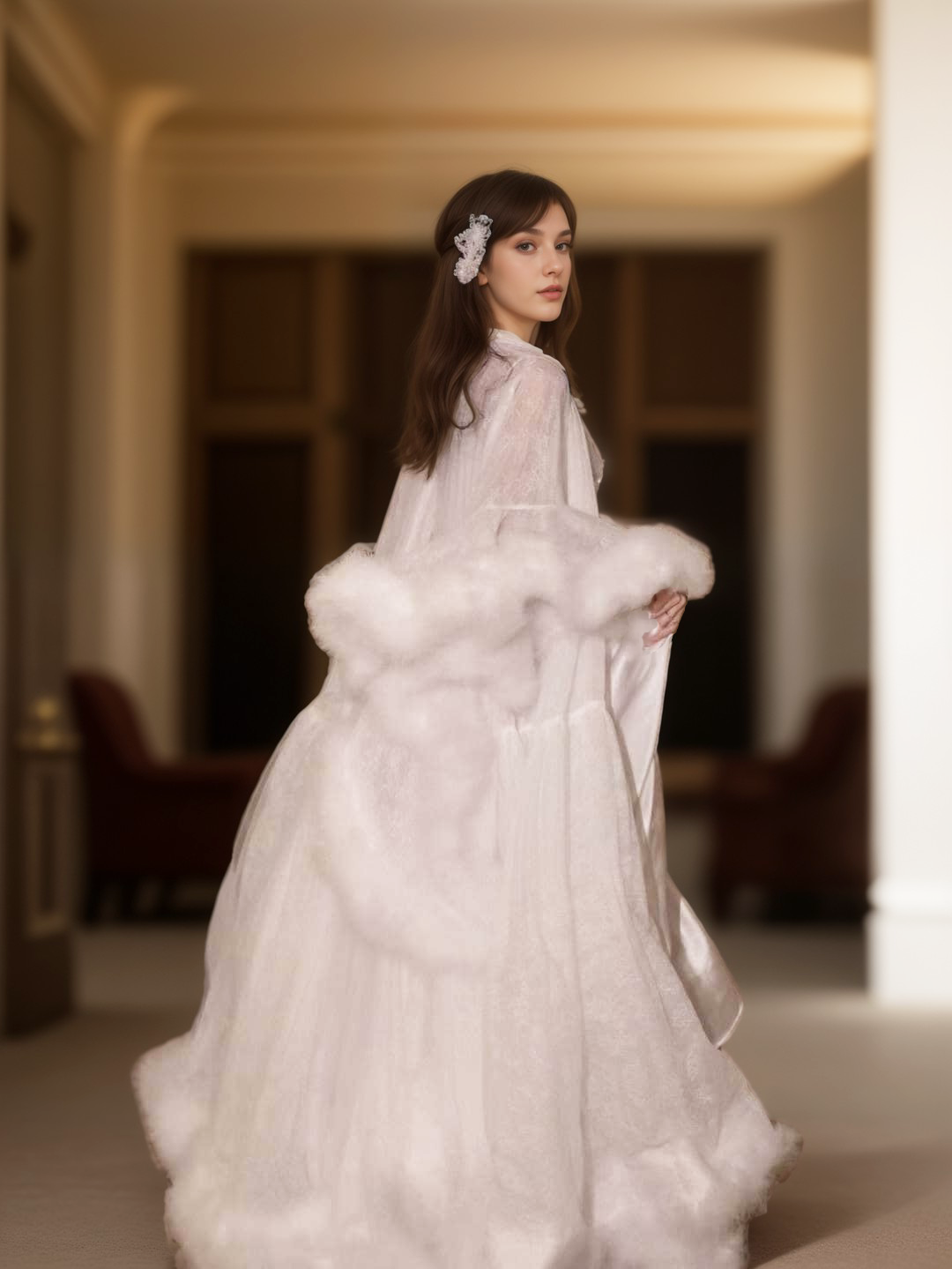 Luxury thick turkey feather fringe long bridal robe set with night gown by SelenaHuanStudio