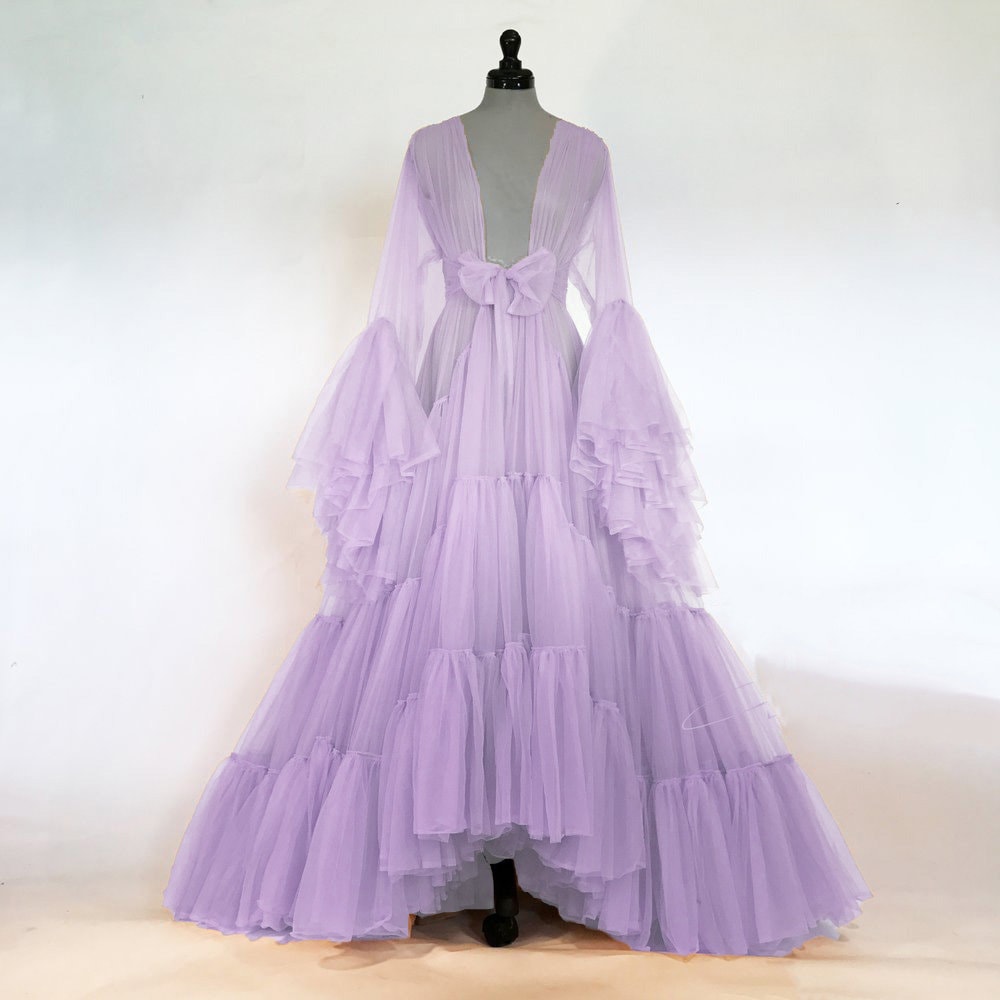 Tulle Ruffled Sleeves Layered Fringe Long Robe Dress by SelenaHuanStudio