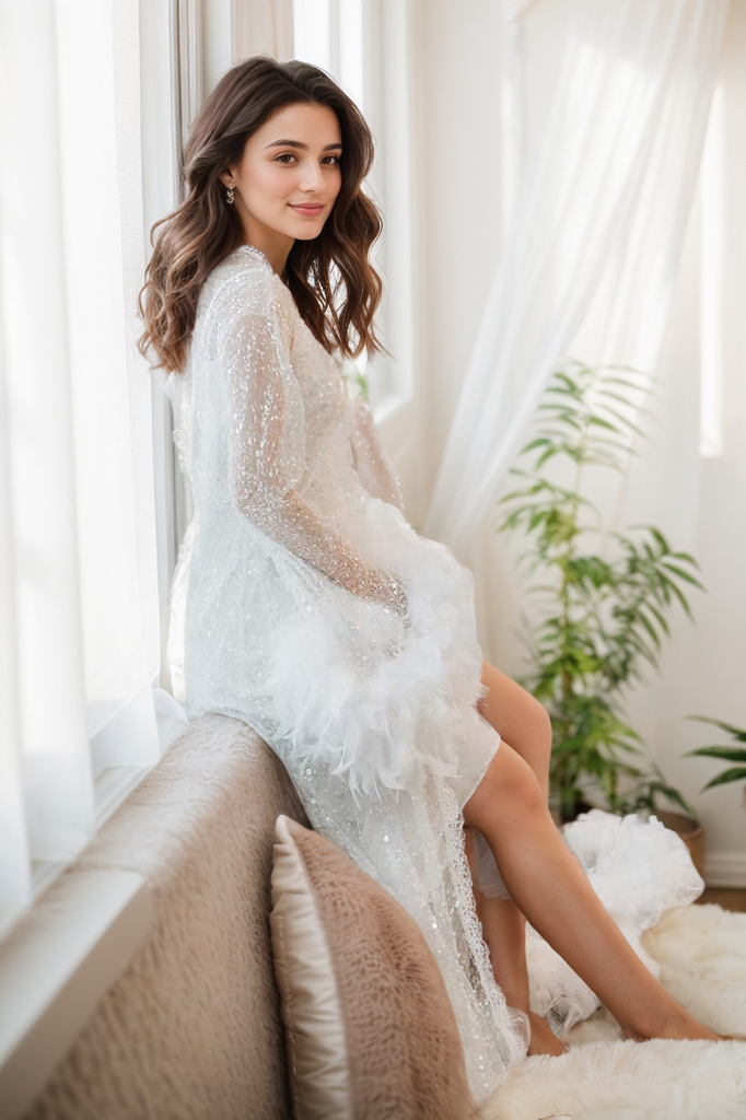 Full Goose Feather sequin mesh long robe dress white ivory by SelenaHuanStudio