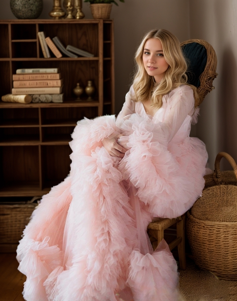 Tulle Ruffled Sleeves Fringe Multi-Color Custom Robe Dress for Theme Photo Shoot by SelenaHuanStudio