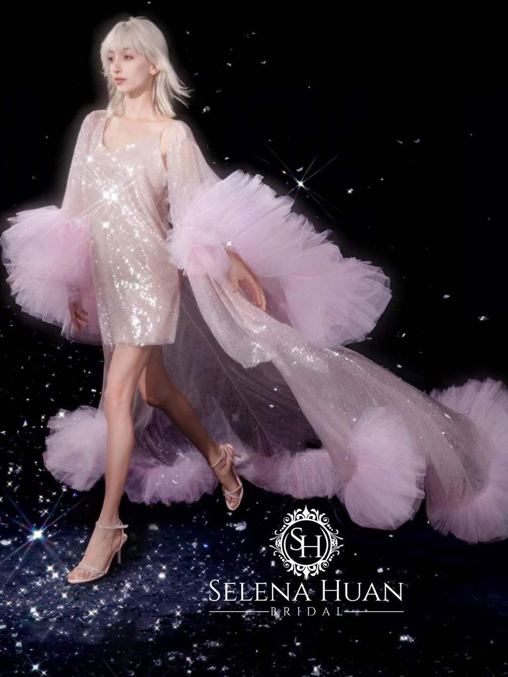 Ruffled tulle fringe hem sequin mesh long robe with sequin nightgown pink ivory by SelenaHuanStudio