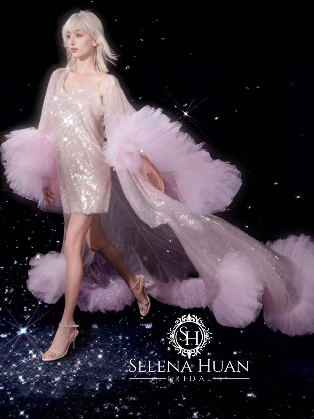 Ruffled tulle fringe hem sequin mesh long robe with sequin nightgown pink ivory by SelenaHuanStudio