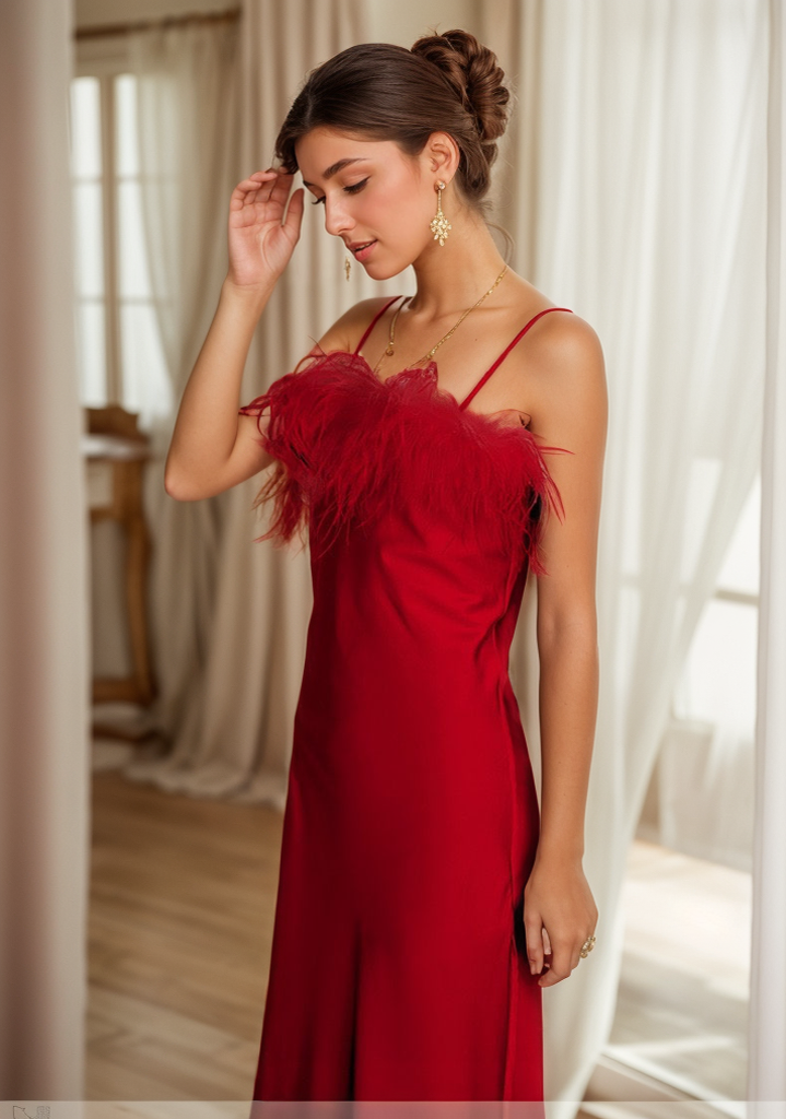 Luxury Ostrich Feather Silky Satin Long Nightgown by SelenaHuanStudio