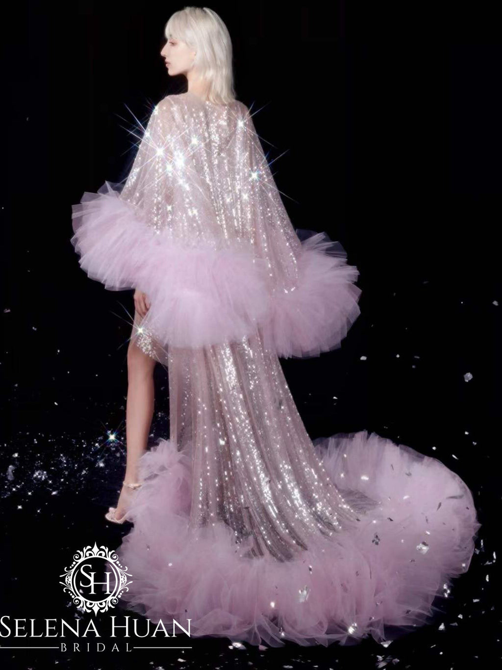 Ruffled tulle fringe hem sequin mesh long robe with sequin nightgown pink ivory by SelenaHuanStudio