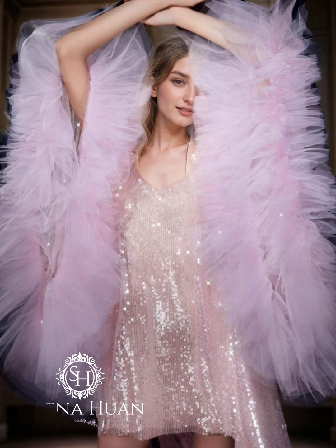 Ruffled tulle fringe hem sequin mesh long robe with sequin nightgown pink ivory by SelenaHuanStudio