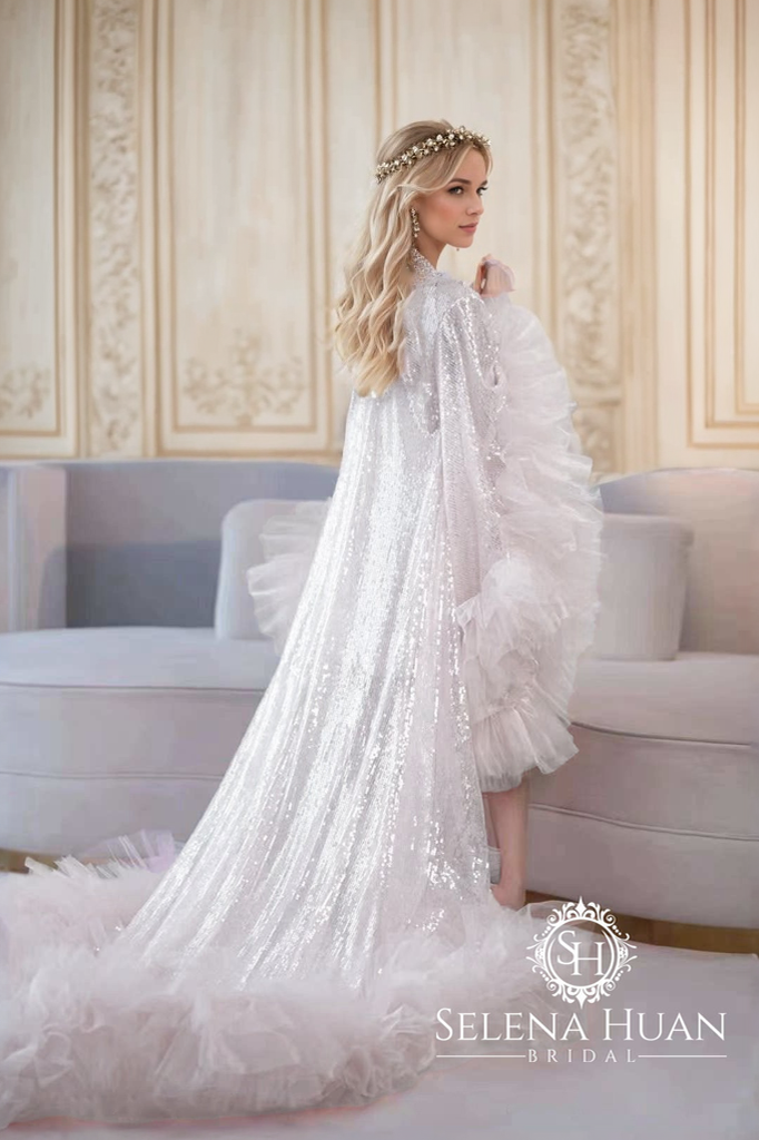 Ruffled tulle fringe hem sequin mesh long robe with sequin nightgown pink ivory by SelenaHuanStudio