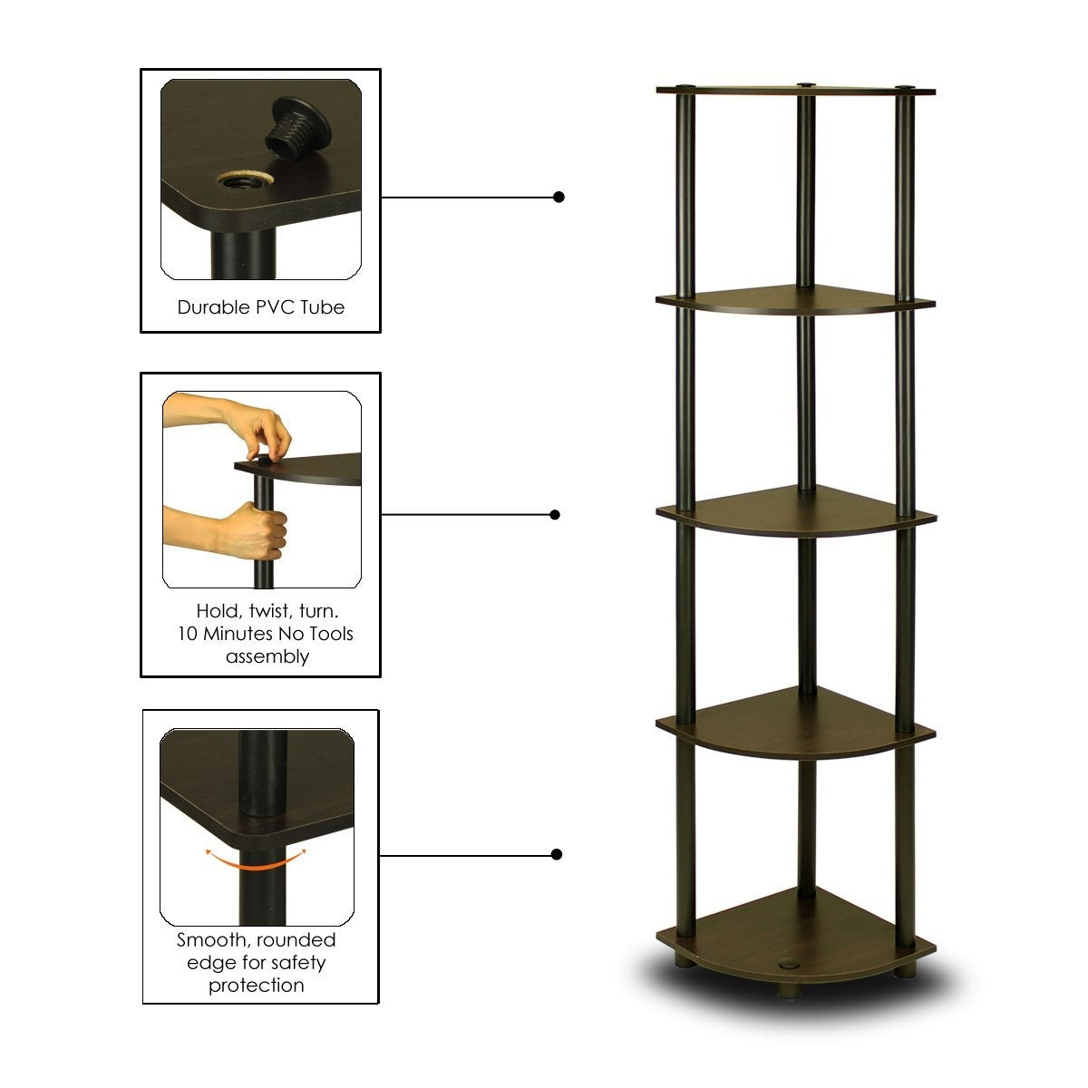 5-Tier Corner Display Shelf Bookcase in Espresso & Black by HomePacific