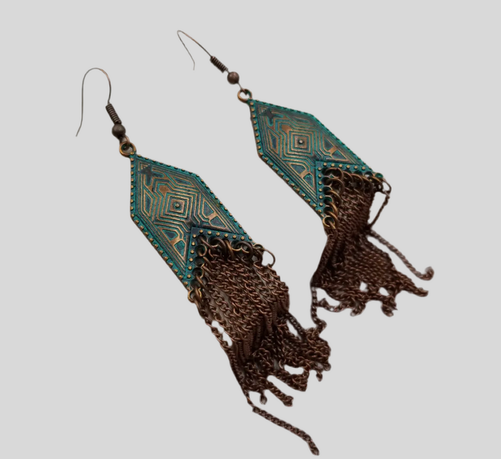 Boho Patina Geometric Fringe Earrings by Sacred Scents Sanctuary