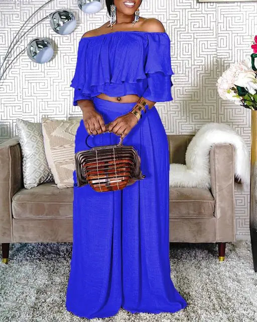 Plus Size 2 Piece Off Shoulder Crop Top & Wide Leg Pants by Trendy Attic Store01