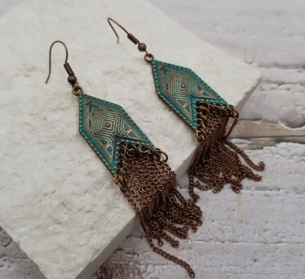 Boho Patina Geometric Fringe Earrings by Sacred Scents Sanctuary