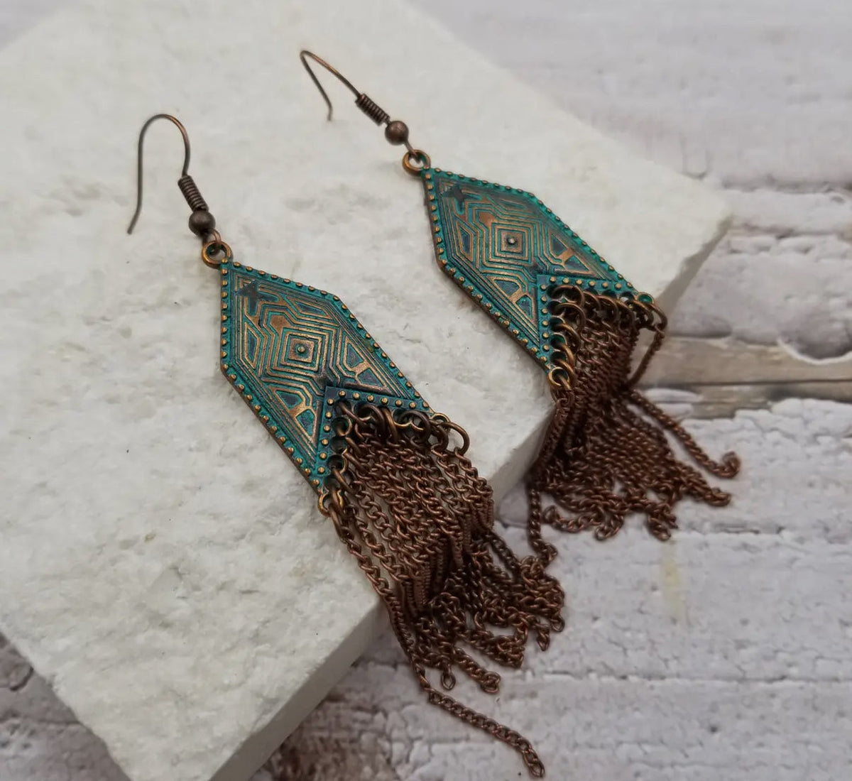 Boho Patina Geometric Fringe Earrings by Sacred Scents Sanctuary
