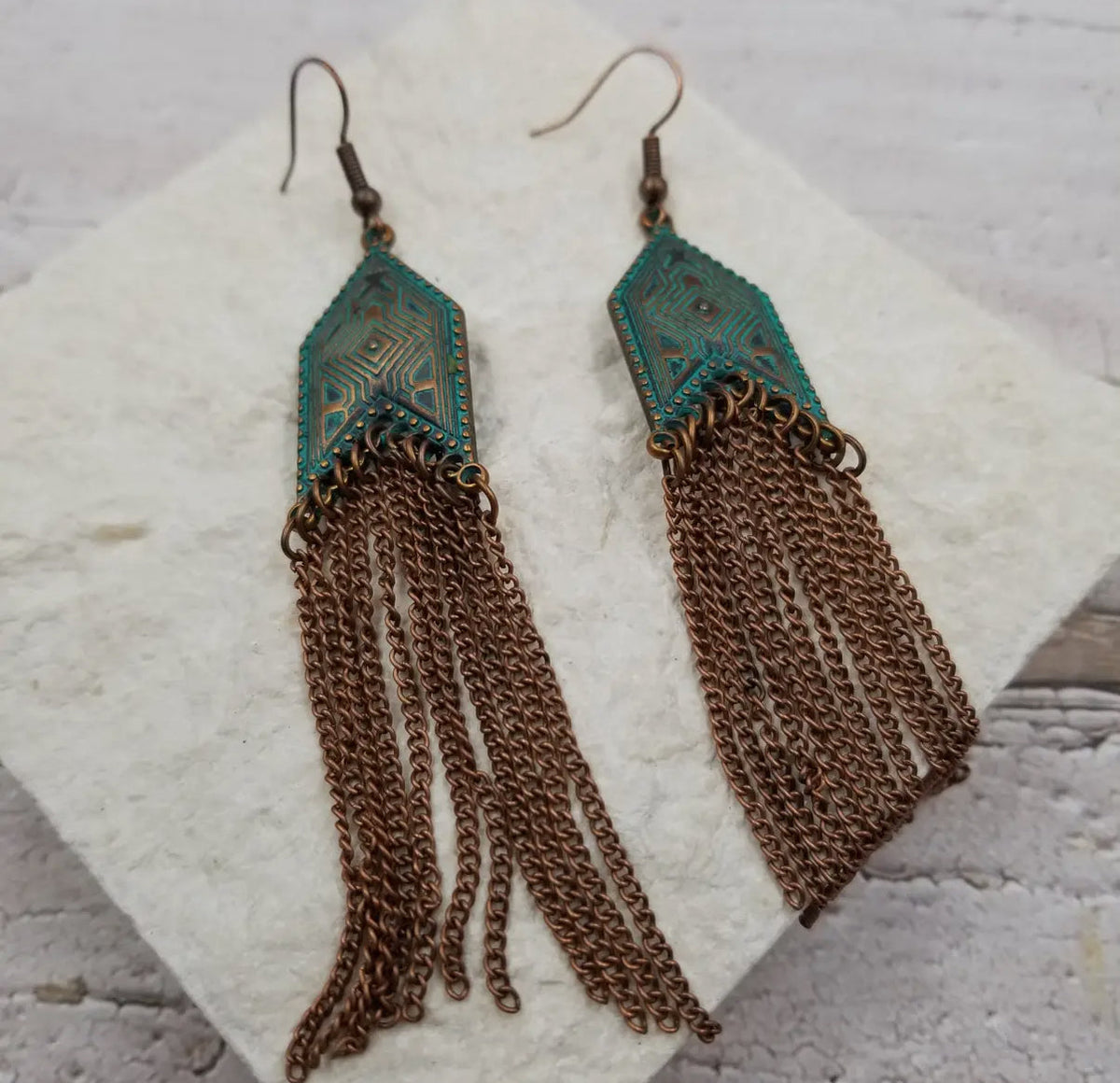 Boho Patina Geometric Fringe Earrings by Sacred Scents Sanctuary