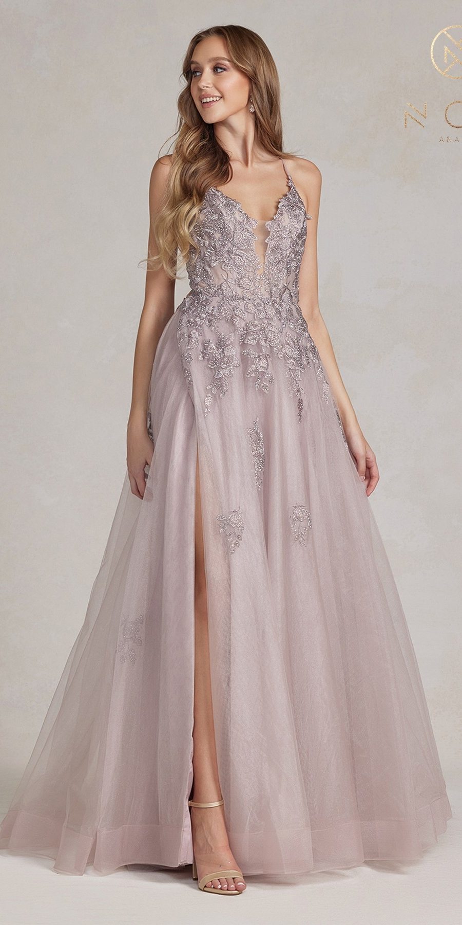 Nox Anabel G1149 Floor Length A-Line Tulle Gown with Slit by DiscountDressShop