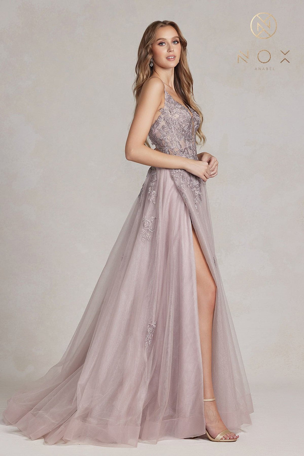 Nox Anabel G1149 Floor Length A-Line Tulle Gown with Slit by DiscountDressShop