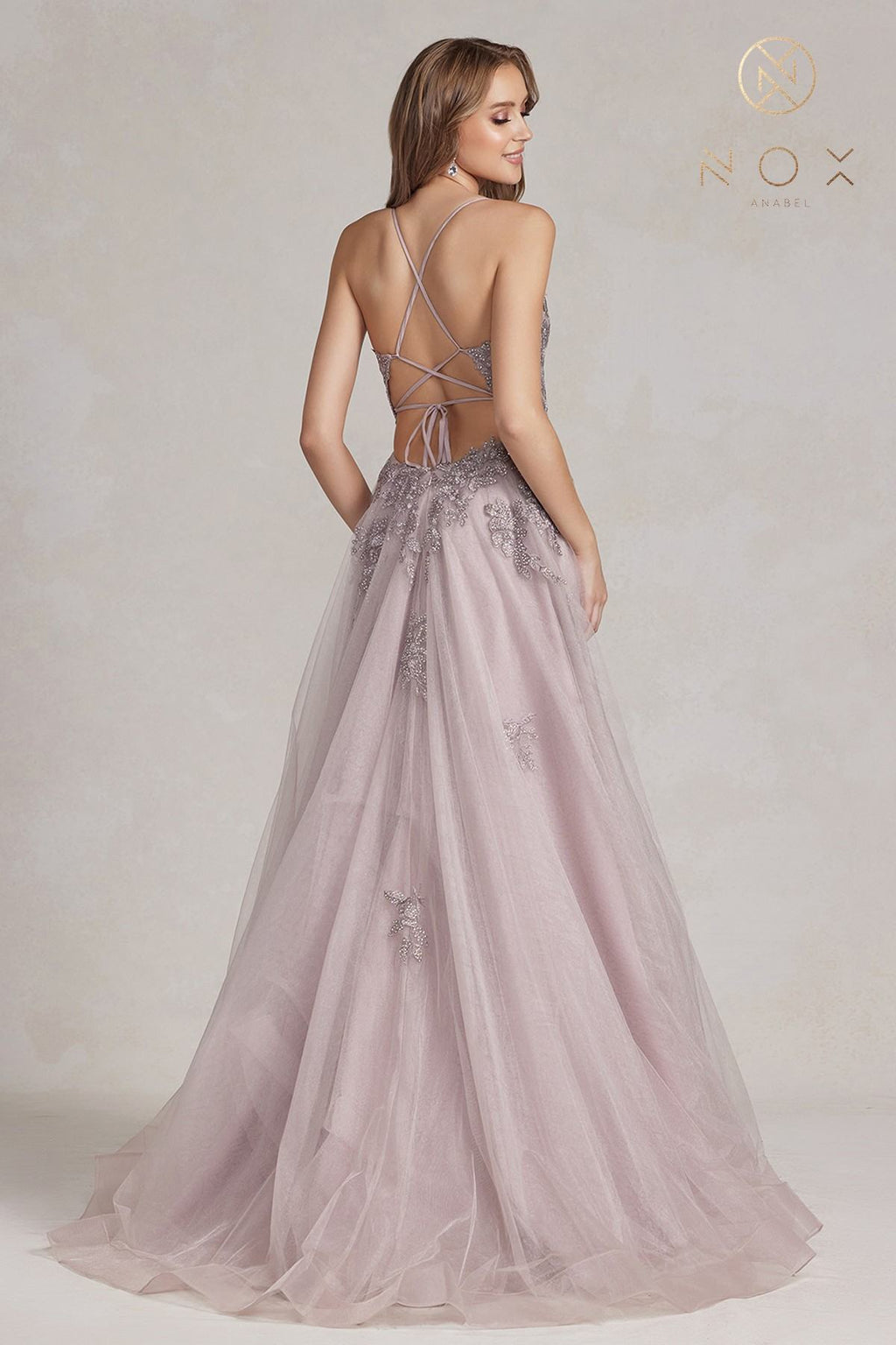 Nox Anabel G1149 Floor Length A-Line Tulle Gown with Slit by DiscountDressShop
