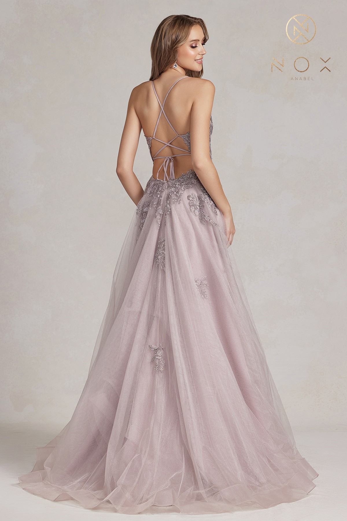 Nox Anabel G1149 Floor Length A-Line Tulle Gown with Slit by DiscountDressShop
