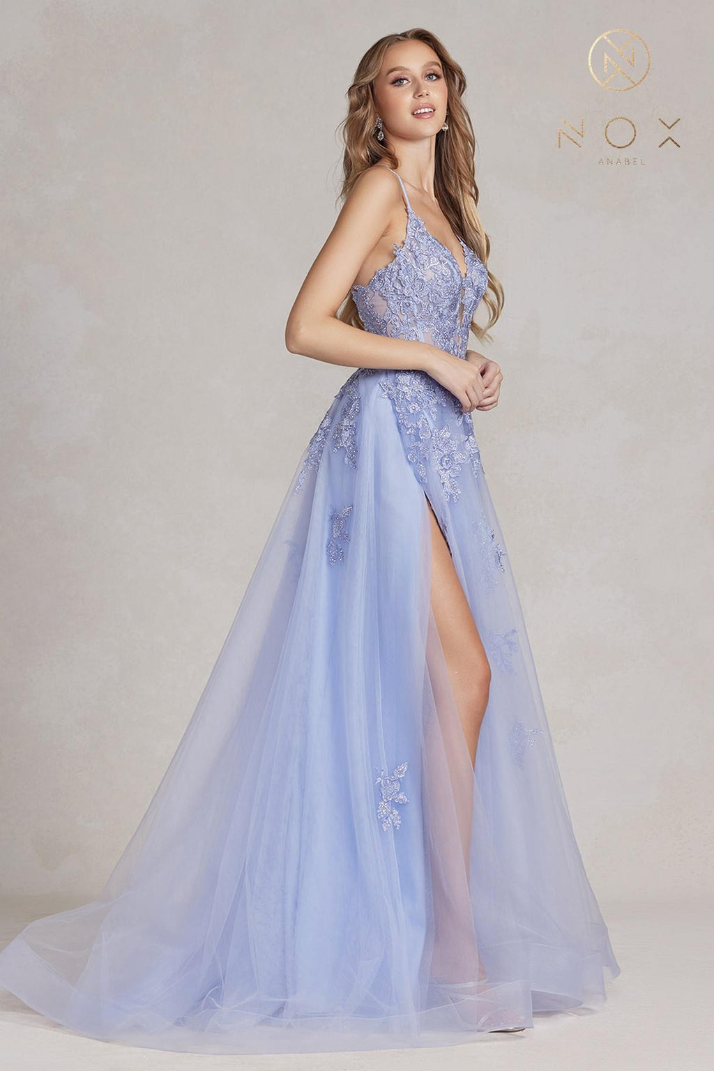 Nox Anabel G1149 Floor Length A-Line Tulle Gown with Slit by DiscountDressShop