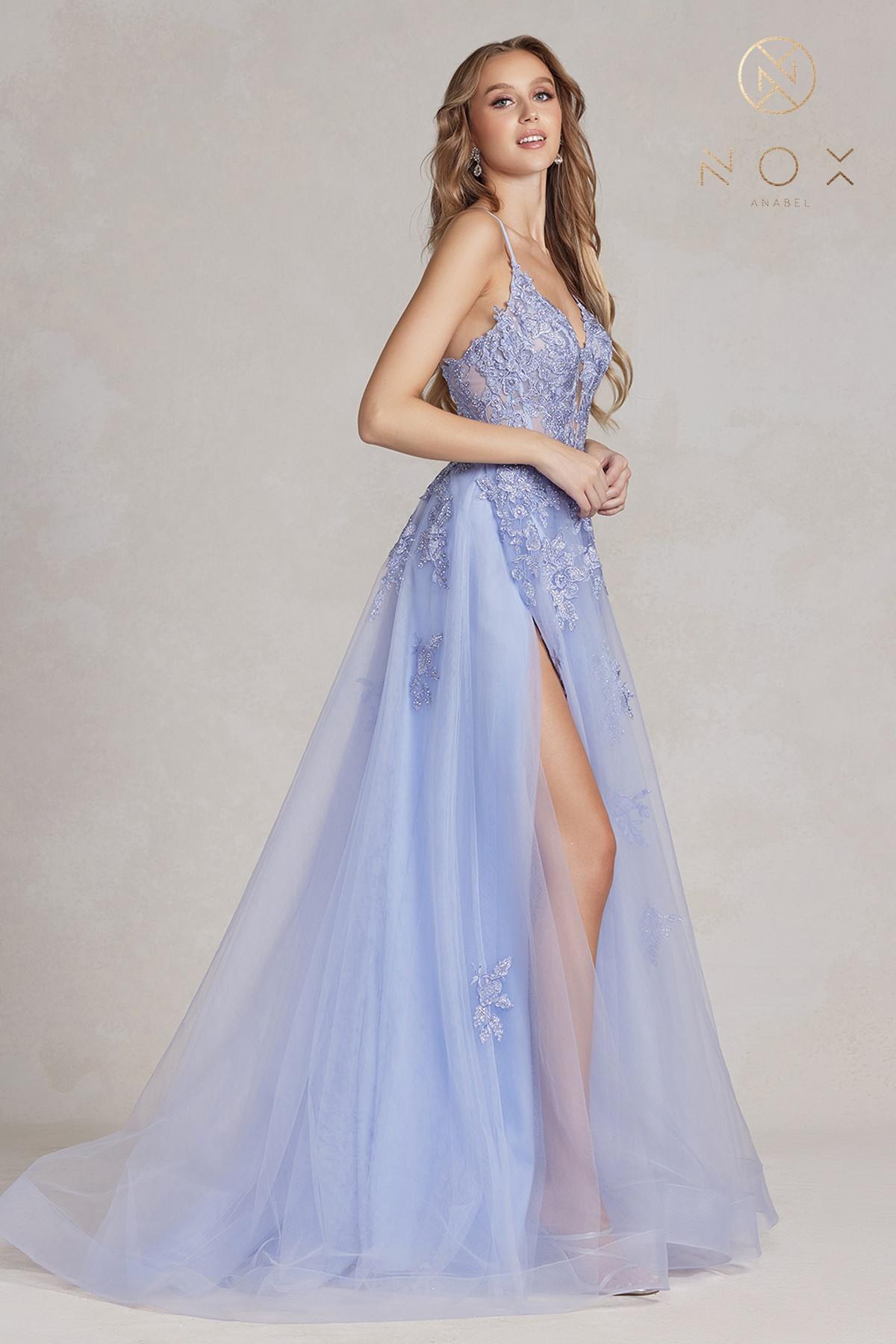 Nox Anabel G1149 Floor Length A-Line Tulle Gown with Slit by DiscountDressShop
