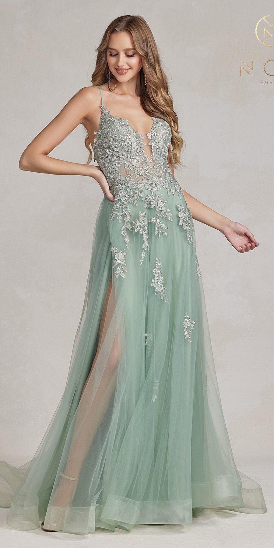 Nox Anabel G1149 Floor Length A-Line Tulle Gown with Slit by DiscountDressShop