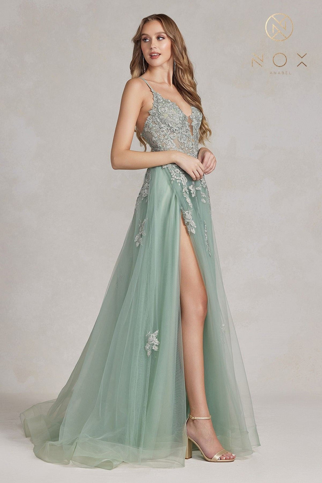 Nox Anabel G1149 Floor Length A-Line Tulle Gown with Slit by DiscountDressShop