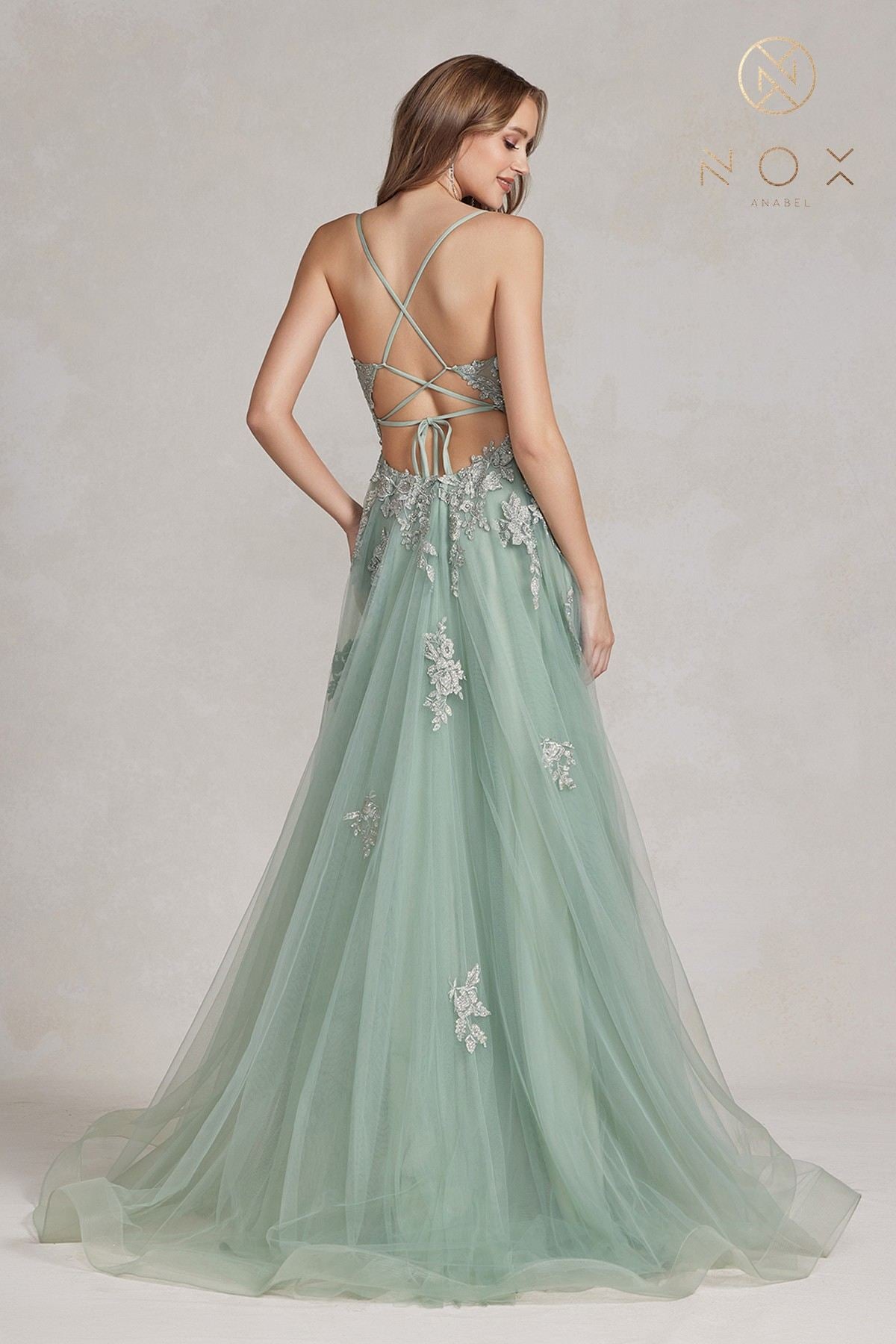Nox Anabel G1149 Floor Length A-Line Tulle Gown with Slit by DiscountDressShop
