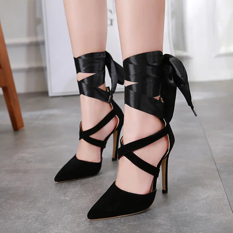 Comfortable Ribbon Sexy Pointed Toe Heeled Sandals by Trendy Attic Store01