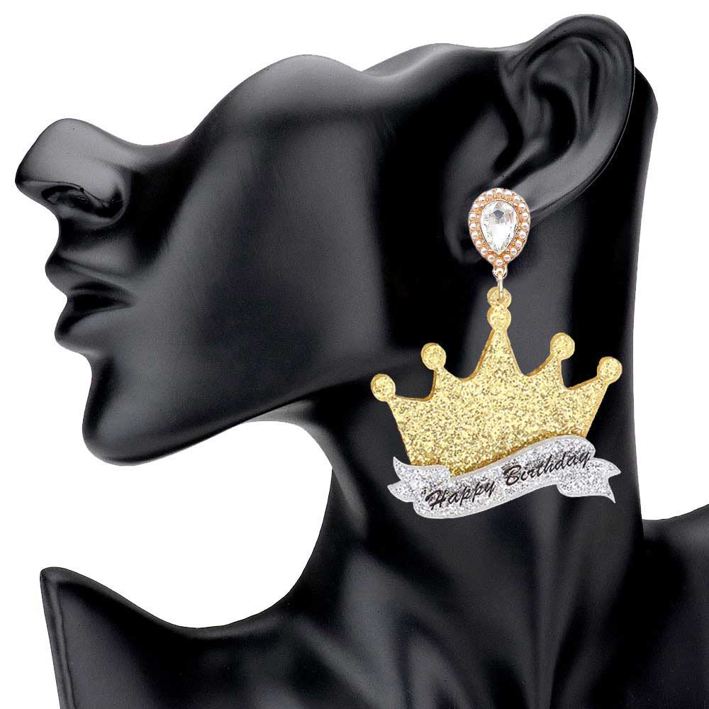 Happy Birthday Glittered Resin Crown Dangle Earrings by Madeline Love
