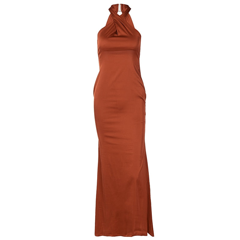 Solid Satin Halter Sleeveless Slim Bodycon Maxi Dress by nowadaysfashion