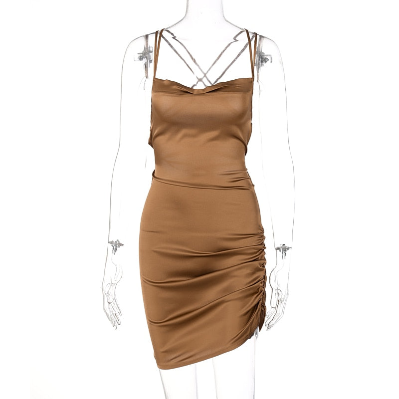 Satin Women Strap Mini Dress Ruched Lace Up Cross Bandage Backless Bodycon Sexy Party Elegant by nowadaysfashion
