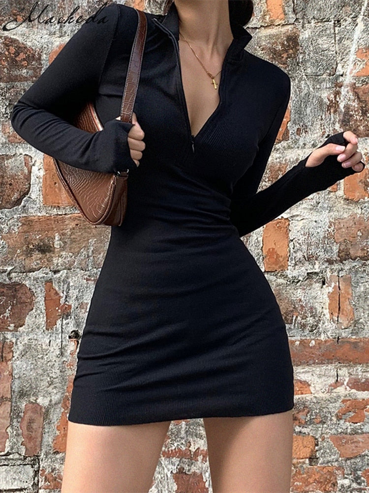 Spring Autumn Stretch Slim Soft Ribbed Knitted Turtleneck Casual Bodycon Zip Dress by nowadaysfashion
