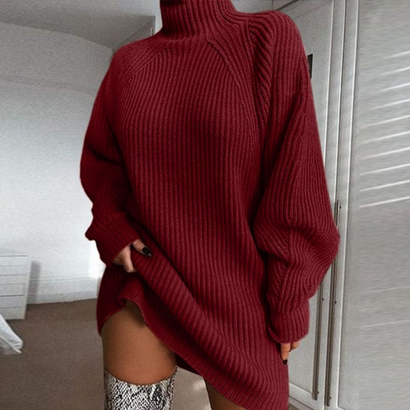 Women Turtleneck Oversized Knitted Dress Solid Long Sleeve Casual Elegant Mini Sweater Dress Plus Size by nowadaysfashion
