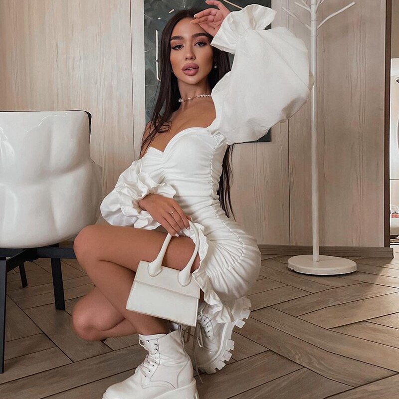 Off Shoulder Long Loose Flare Puff Sleeve Ruched Mini Dress by nowadaysfashion