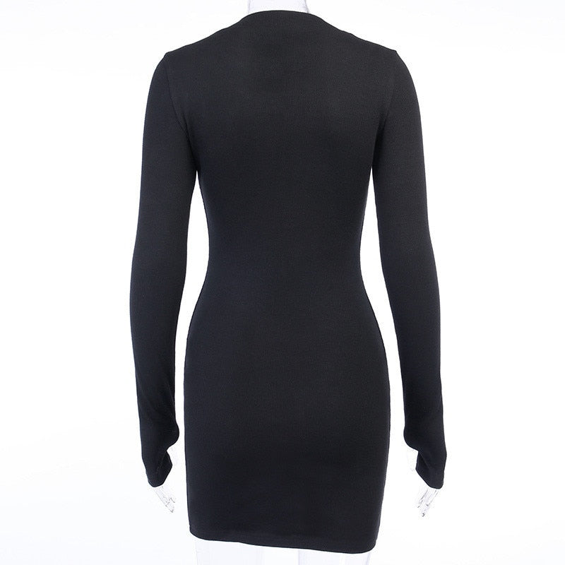 Bodycon Ribbed Dress Stand Collar Zipper Deep V-neck Solid Stretch Mini Vestido by nowadaysfashion