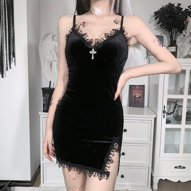 Gothic Dark Cross Black Mini Dress Vintage Sexy Spaghetti Strap High Waist Slit Dresses by nowadaysfashion
