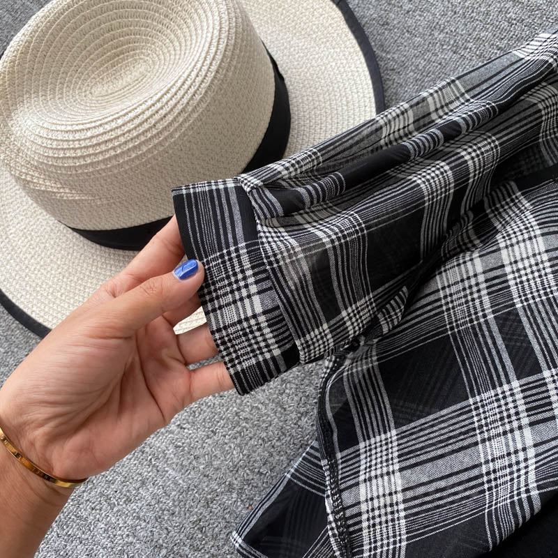 Two Piece Set Long Sleeve Plaid Grey Overcoats Spaghetti Strap Slim Dress by nowadaysfashion