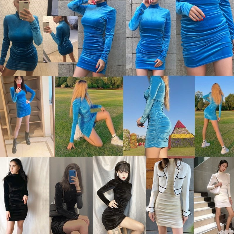 Bodycon Velvet Mini Dress Women Long Sleeve High Neck Party Dresses Female Velvet Sheath Dress by nowadaysfashion