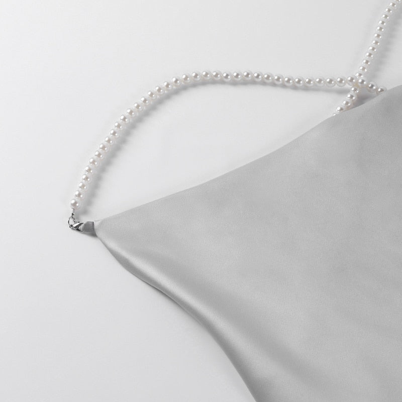 Silk Strap Mini Dresses Backless Solid Color Criss Front Pearl Sexy Summer Sexy Party by nowadaysfashion