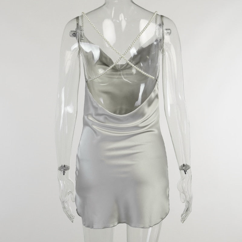 Silk Strap Mini Dresses Backless Solid Color Criss Front Pearl Sexy Summer Sexy Party by nowadaysfashion