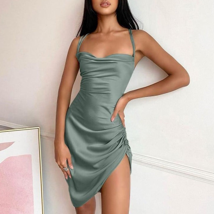 Satin Women Strap Mini Dress Ruched Lace Up Cross Bandage Backless Bodycon Sexy Party Elegant by nowadaysfashion