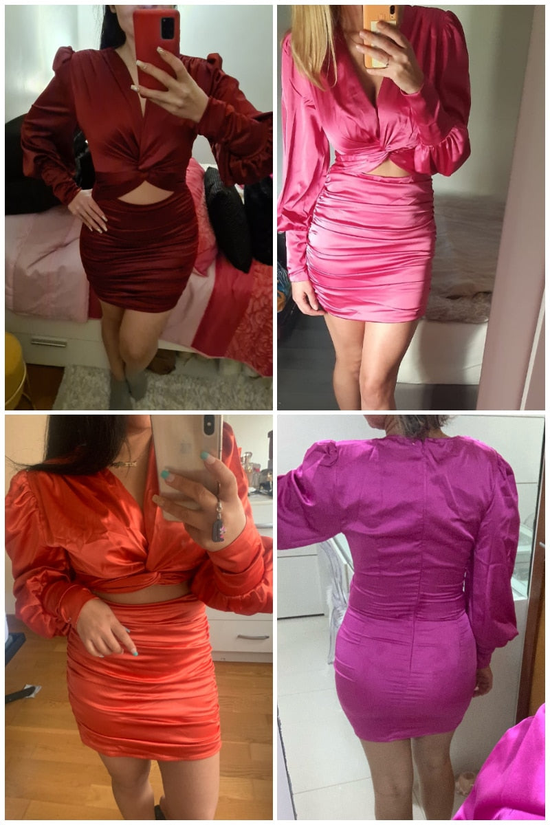 deep v neck bodycon dress Party club hollow out mini dress Elegant lantern sleeve satin dress by nowadaysfashion