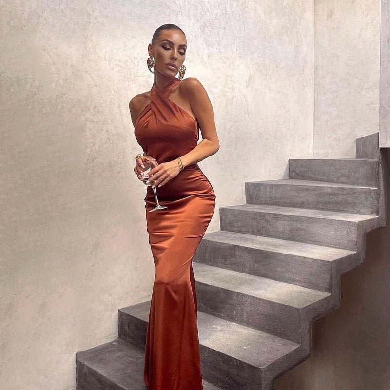 Solid Satin Halter Sleeveless Slim Bodycon Maxi Dress by nowadaysfashion